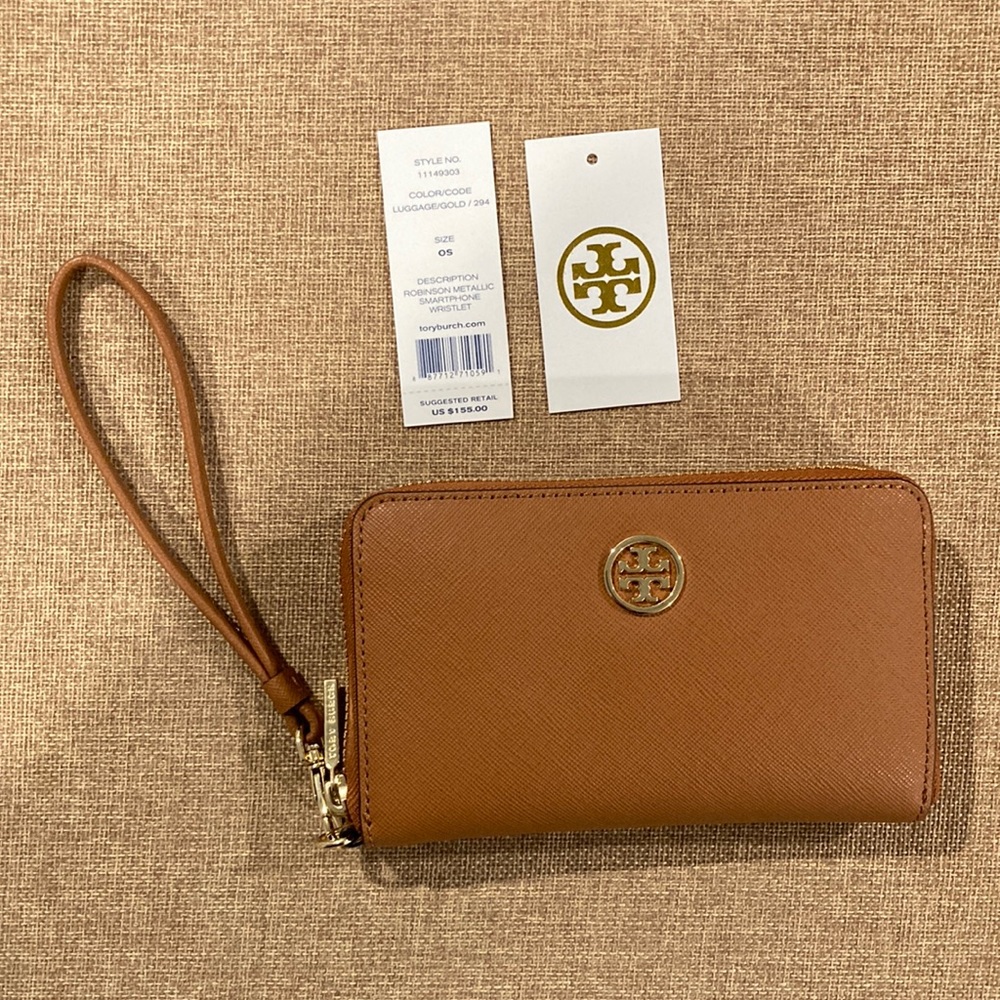 NWT! Tory Burch Robinson Metallic Smart Wallet in Luggage Brown
